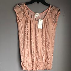 Lace Top With Elastic Short Sleeve And Elastic Waist. See Through Sleeve.Size Small Casual Fitted Lace Top For Spring, Casual Embroidered Lace Top, Casual Summer Lace Top, Casual Stretch Lace Top For Beach, Casual Pink Lace Tops, Casual Stretch Lace Top, Casual Pink Lace Blouse, Pink Lace Top, Pink Lace Tops