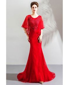 Buy Elegant Long Red Tight Mermaid Formal Dress With Cape Sleeves at wholesale price online. Free shipping and pro custom service since 2009. Red Mermaid Dress With Mermaid Hem For Banquet, Red Fitted Mermaid Dress For Banquet, Fitted Red Mermaid Dress For Banquet, Red Mermaid Dress With Sweep Train For Banquet, Fitted Red Mermaid Dress For Weddings, Red Mermaid Dress With Sweep Train, Red Mermaid Dress For Formal Occasions, Stretch Mermaid Dress With Sweep Train, Red Fitted Mermaid Dress With Sweep Train