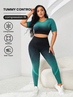 Activity:Yoga & Studio \nFeatures:Seamless \nType:Leggings \nNeckline:Round Neck \nSleeve Type:Regular Sleeve \nColor:Multicolor \nPattern Type:Ombre \nPattern Type:All Over Print \nFabric:High Stretch \nCare Instructions:Machine wash, do not dry clean \nSheer:No \nFit Type:Slim Fit \n Curvy Pants, Ombre Print, Sports Wear Women, Crop Top And Leggings, Gym Style, Women Plus Size, Sports Top, Sportswear Women, Kids Sleepwear