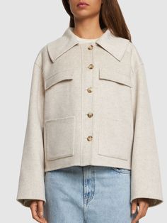 Front button closure. Two breast pockets. Model is wearing a sizeS Chic Collared Utility Jacket With Flap Pockets, Chic Button-up Utility Jacket With Flap Pockets, Chic Cropped Button-up Jacket With Flap Pockets, Chic Fall Utility Jacket With Patch Pockets, Chic Cropped Jacket With Lapel Collar And Pockets, Chic Collared Cropped Jacket With Pockets, Fall Outerwear With Buttoned Pockets And Fold Down Collar, Chic Collared Outerwear With Flap Pockets, Fall Cropped Jacket With Lapel Collar And Pockets