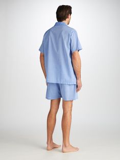 Featuring a single breast pocket, classic collar and adjustable two-button waistband. Elasticated sides on the shorts mean the front and back are flat for your comfort. The relaxed fit is ideal for ease of movement to help you drift off into a great night's sleep. The Amalfi is a super-soft, light cotton which is perfect for the warmer time of year, or for centrally-heated homes. This lightweight fabric has a soft finish and a plain, open weave that is designed to be ultra-smooth on the skin and Relaxed Fit Sleepwear With Built-in Shorts, Summer Lounging Sleepwear With Pockets, Summer Sleepwear With Pockets For Lounging, Classic Summer Sleepwear For Loungewear, Classic Summer Sleepwear, Blue Cotton Short Sleepwear, Cotton Short Sleepwear With Pockets, Blue Cotton Short Length Sleepwear, Cotton Sleepwear With Pockets, Short