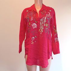 Top Linen Material Embroidered Stitching Spread Collar Long Sleeve Button Cuff No Pocket Style Flower Pattern Embroidery Excellent Condition Material, Self: 100% Ramie Material, Trims: 100% Polyester Style Number: W26323-4 Length From Back: 30” Length From Neckline: 22” Bust: 40” Waist: 42” Hips: 46” Sleeve: 23” Long Sleeve Tunic With Embroidered Hem, Summer Embroidered Long Sleeve Tunic, Embroidered Long Sleeve Summer Tunic, Long Sleeve Multicolor Embroidered Summer Tunic, Summer Long Sleeve Tunic With Multicolor Embroidery, Summer Long Sleeve Embroidered Tunic, Multicolor Embroidered Long Sleeve Summer Tunic, Embroidered Spring Vacation Tunic, Embroidered Long Sleeve Tunic For Summer