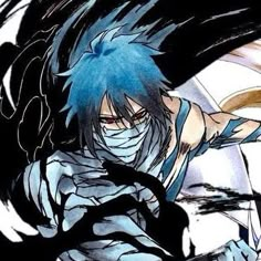 an anime character with blue hair and black eyes is holding his arms out in front of him