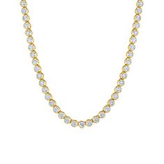 The Bezel Riviera Necklace from Kwiat is luxurious and timeless. This tennis necklace features a bezel 18k yellow gold setting surrounding each of the 124 diamonds, making it comfortable and easy to wear. Luxury Diamond Tennis Necklace With Bezel Setting, Classic Tennis Necklace With Bezel Setting For Anniversary, Classic Bezel Set Tennis Necklace For Anniversary, Classic Tennis Necklace With Bezel Setting, Classic Bezel Set Round Tennis Necklace, Classic Round Bezel Setting Tennis Necklace, Classic Cubic Zirconia Tennis Necklace With Bezel Setting, Classic Formal Tennis Necklace With Bezel Setting, Custom Halo Engagement Ring