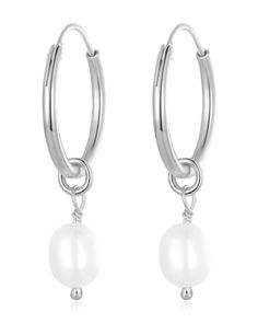 Pearl Drop Earrings for Women Sterling Silver Huggie Hoops - www.Impuria.com #earpiercings Barbell Earrings, Drop Hoop Earrings, Helix Earrings, Solid Gold Earrings, Earrings Inspiration, Chain Earrings, Pearl Drop, Huggies Earrings, Silver Hoop Earrings