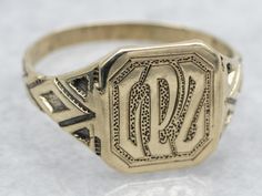 Made from high-quality yellow gold and featuring the engraved initials "GPZ", this ring is the perfect mix of sophistication and playfulness. Make a statement and stand out from the crowd with this unique signet ring. Metal: 10K Yellow GoldTop Measurements: 9.9 x 10.9 mm, OctagonalMonogram: "GPZ" EngravedRing Size: 6.50Marks: "RBR 10K" Stamped on the inside band Engraved Signet Ring, Engraved Initials, Pocket Watch Chain, Watch Chain, Ring Metal, Signet Ring, Pearl Pendant, Charm Earrings, Beaded Chain