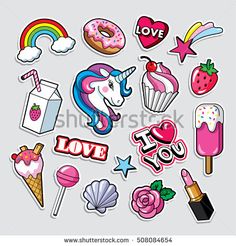 stickers with unicorns, ice cream, donuts and other things to eat