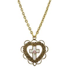 This vintage-inspired necklace features a white enamel cross with a pink flower surrounded by an ornate heart. This vintage-inspired necklace features a white enamel cross with a pink flower surrounded by an ornate heart. Metal: alloy Chain length: 16 in. with 3-in. extender Plating: gold tone Finish: polished Drop length: .9 in. Not appropriate for children 14 years old and younger. Size: One Size. Color: Multi. Gender: female. Age Group: adult. Pattern: floral. Channel Jewelry, Symbols Of Faith, Enamel Cross, Faith Jewelry, 1928 Jewelry, Floral Cross, Porcelain Roses, Inspired Necklace, Cross Earrings