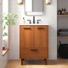 a bathroom with a sink, mirror and shelving