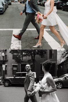 two people are walking down the street in their wedding outfits