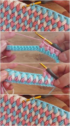 three pictures showing how to crochet the stitches