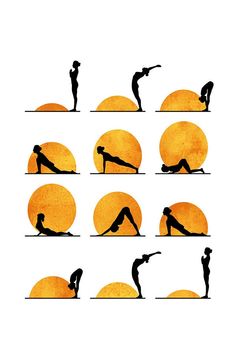 the silhouettes of people doing yoga poses in front of an orange ball and sun