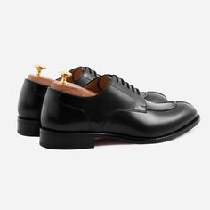 A distinguished derby. Derbies don't usually replace oxfords, but the Clegg Split-Toe Derbies sure can. Tapered quarters create a slender silhouette which is complemented by the waxed welt and waist of the outsole. Slightly raised and secured with double stitching, the apron reinforces the upper while the split-toe and fine detailing on the heel cap add a touch of flair. Built to withstand heat and cold, the Cleggs are the perfect all weather and everyday shoe. This product is made from full-gra Timeless Black Derby Shoes For Semi-formal Occasions, Classic Black Lace-up Shoes For Derby, Elegant Derby Shoes With Brogue Detailing And Moc Toe, Elegant Brogue Derby With Moc Toe, Elegant Moc Toe Derby With Brogue Detailing, Black Moc Toe Oxfords For Semi-formal Occasions, Black Plain Toe Dress Shoes For Derby, Timeless Black Dress Shoes With Brogue Detailing, Black Wingtip Derby For Semi-formal Occasions