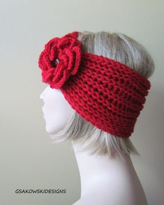 Emma-Flower Hand Knitted Headband, Turban, Head Warmer, Headband, Ear Muffs, Ear Warmer, Headwrap-Red-Ready to ship This hand knitted headband is perfect for keeping your ears warm during the cold winter months.  Designed and handmade of very soft 100% wool yarn.     It was made in a smoke-free environment. Handmade with great care and love. Never been worn.  Care Instructions:  Hand wash with mild detergent. Dry flat. Details:  Material: 100% wool, coconut button Colors:red Size: One size fits most - approx 19" circumference (not stretched) and 6" wide (there is a lot stretch to this  piece) Colors might vary slightly due to different screen types... Thank you for visiting my Etsy shop.  http://www.etsy.com/shop/gsakowskidesigns Adjustable Red Headband For Winter, Red Adjustable Headband For Winter, Adjustable Red Winter Headband, Hand Knit Headband, Head Warmer, Headband Turban, Knitted Headband, Ear Muffs, Ear Warmer