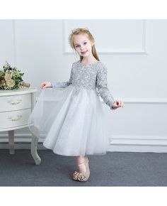 Shop Beaded Grey Lace Couture Flower Girl Dress Spring Weddings With Long Sleeves online. Super cute styles with couture high quality. Pro since 2009. Tulle Princess Dress For First Communion And Prom Season, Embellished Princess Dress For Spring Wedding, Winter Flower Girl, Lace Couture, White Frock, Frocks For Kids, Cute Styles, Spring Weddings, Wedding Plan