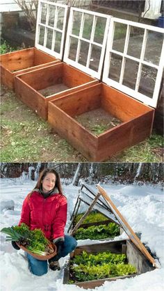 a woman kneeling down in the snow next to an open window and planter box filled with lettuce