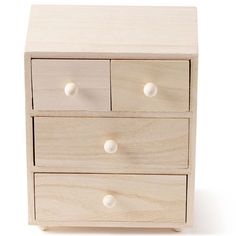 a wooden toy chest with three drawers and two knobs on the front, one drawer open