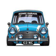 an old blue car with the words iconic garage on it's front bumper sticker