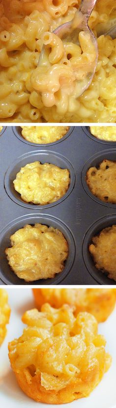 some food is being cooked in a muffin tin and then baked into cupcakes