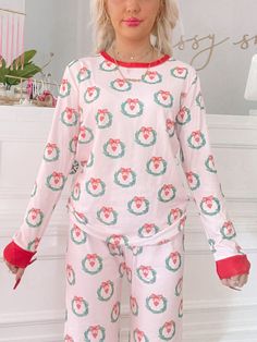 Wreath Love Pink Christmas PJ Set | Sassy Shortcake Coquette Christmas Pajamas, Pink Pj Set, Christmas Pj Set, Sassy Shortcake, Coquette Christmas, Christmas Pj, Pastel Christmas, Christmas Clothing, Aesthetic Things