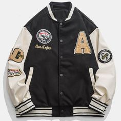 $95.95 Leather Baseball Jacket, Varsity Jacket Embroidery, Jacket Silhouette, Baseball Jacket Men, School Jacket, Hip Hop Trends, Couple Jacket, Street Jacket, Retro Baseball