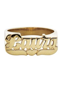 14K Script Gold Name Ring, which weighs approximately 3.8 Grams. The length of the ring is approximately 0.3 inches in length and 0.74 inches in width. The name ring can be customized with up to 9 characters. Due to the custom nature of this product weight and size may slightly vary. Please allow 10-14 business days for completion. Gold Name Ring, Nameplate Ring, Xo Jewelry, Gold Earrings For Men, Mens Diamond Bracelet, Silver Chain For Men, Gold Watches Women, Name Ring, Mens Gold Rings