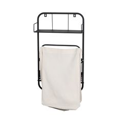 a towel rack with two towels hanging from it's sides and a white cloth on the bottom