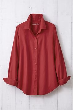 This button-down no-iron shirt is our bestselling favorite in lightweight, wrinkle-free cotton, perfectly versatile for tucking, layering or wearing solo. Reinforced placket, curved hem. Imported. Linen Ankle Pants, Iron Woman, Iron Shirt, Knit Denim, Boyfriend Shirt, Casual Stripes, Red Shirt, Cozy Sweatshirts, Coldwater Creek