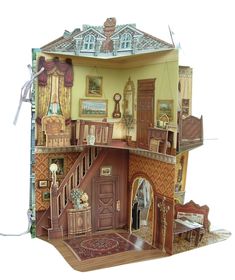 a doll house with furniture and accessories on the top floor is shown in full view