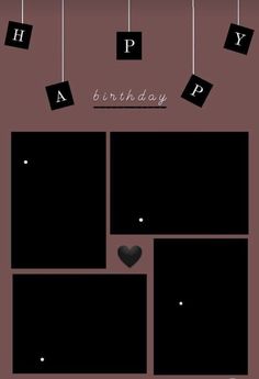 a birthday card with black squares and hearts hanging from the strings, on a brown background