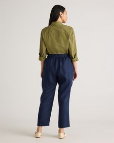 Whether you're heading to the office, out for brunch with friends, or lounging at home, the 100% European Linen Tapered Ankle Pants is the perfect choice. Made from high-quality sustainability grown linen, these pants are lightweight, breathable, and oh-so-comfortable. The tapered design flatters your figure and elongates your legs, creating a slimming effect that is both stylish and flattering. The pants are versatile enough to be paired with anything from a basic tee to a dressy blouse, making Workwear Capris With Elastic Waistband And Cropped Leg, Workwear Cropped Leg Capris With Elastic Waistband, Relaxed Ankle-length Work Pants, Effortless Workwear Pants With Pockets, Casual Loose Fit Capris For Work, Casual Tapered Leg Capris With Elastic Waistband, Business Casual Cropped Pants With Elastic Waistband, Relaxed Fit Pull-on Capris For Work, Effortless Relaxed Fit Ankle-length Pants