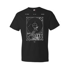 a black t - shirt with an image of a person on a turntable