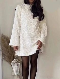 Sequined Minidress White A-line Winter Dress, White Knee-length Winter Dresses, White Chic Crew Neck Mini Dress, White Long Sleeve Sweater Dress For Party, White A-line Mini Dress For Winter, Chic Mini Dress With Crew Neck For Party, Chic Crew Neck Mini Dress For Party, Spring Party Dress With Crew Neck, Fall Party Dress With Crew Neck