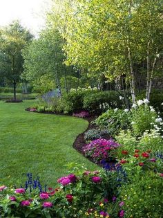 a lush green yard with lots of flowers and trees