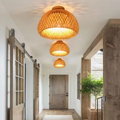 a long hallway with two lights hanging from it's ceiling and a potted plant on the other side