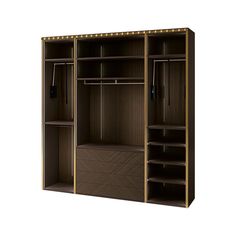 an open wooden closet with lights on the doors and shelves in front of it, against a white background