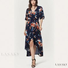 Lasaky - Elegant Floral High-Low Neckline Maxi Dress for Graceful Party Ensembles Short Sleeve Printed Maxi Dress For Parties, Flowy V-neck Floral Party Dress, Printed Maxi Length Floral Dress For Party, Printed Floral Maxi Dress For Party, Floral Printed Maxi Dress For Party, Casual Maxi Floral Dress For Party, Casual Floral Maxi Dress For Party, Casual Maxi Length Floral Dress For Party, Flowy Floral Maxi Dress For Party