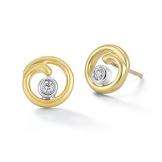 Gold & Stone Earrings - VD:Sparkling diamonds in highly polished, white gold bezel settings add a luxe element to organic swirls of satin 18k gold on these playfully elegant stud earrings. Post closure.Total diamond weight: 0.10ptColor/Clarity: G/H Color, SI 1 ClarityOriginal:Expressive stud earrings in 18K yellow and white gold with  diamonds.Earrings are 18K yellow gold with satin finish, each with 1  .05pt diamond, bezel set in 18K white gold with high polish finish.Diamonds are G/H Color Elegant Gold Diamond Earrings With Tension Setting, Elegant Formal Earrings With Tension Setting, Elegant Yellow Gold Diamond Earrings With Tension Setting, Elegant White Gold Earrings With Tension Setting, Elegant Diamond Earrings For Anniversary With Tension Setting, Elegant White Gold Diamond Earrings With Tension Setting, Elegant Diamond Earrings With Tension Setting, Formal Gold Earrings With Tension Setting, Modern Diamond Earrings With Tension Setting