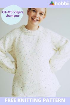 a woman wearing a white sweater with polka dots on it and the text free knitting pattern