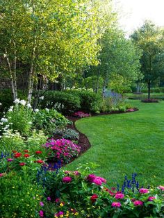 a lush green yard with lots of flowers and trees