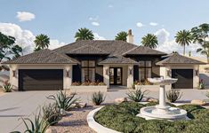 this is a computer rendering of a house in the desert with palm trees around it