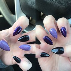 Halloween nailsStiletto Pointed Halloween Nails, Halloween Nails Short Stiletto, Deep Purple Halloween Nails, Nail Ideas Black And Purple, Spooky Purple Nails, Short Stiletto Halloween Nails, Short Claw Nails Stilettos, Black And Purple Stiletto Nails, Purple October Nails