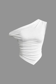 White Tops With Asymmetrical Neckline For Summer, Ruched Top With Stretch And Asymmetrical Neckline, Asymmetrical Ruched Fitted Top, Ruched Fitted Asymmetrical Top, Stretch Top With Ruched Asymmetrical Neckline, Asymmetrical Neckline Top With Ruched Stretch, Asymmetrical Neckline Top With Ruched Detail, Fitted Asymmetrical Ruched Top, Asymmetrical Solid Stretch Top