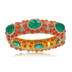 Kenneth Jay Lane Pave Emerald and Coral Cabochon Bangle Bracelet Luxury Jeweled Crystal Bracelets, Costume Jewelery, Vintage Jewelry Antique, Pave Jewelry, Woman Jewelry, Green Stones, Jewelry Antique, Coral Jewelry, Diamond Bangle