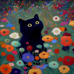 a painting of a black cat sitting in a field of flowers with lots of different colors