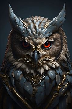 an owl with red eyes is wearing armor