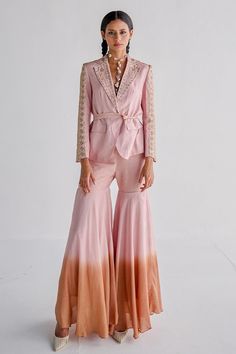 Shop for Esha Arora Pink Silk Chanderi Aari Embroidered Blazer And Sharara Set for Women Online at Aza Fashions Aza Fashion Outfits 2020, Dotti Dresses, Indowestern Dresses, Dress Outfits Party, Embroidered Blazer, Lapel Top, Aari Embroidery, Simple Pakistani Dresses, Designer Dresses Casual