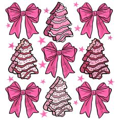 pink christmas trees with bows and stars