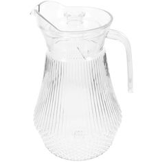 a clear glass pitcher with a handle on the top and bottom, sitting against a white background