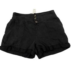 Aerie Black Linen High Waisted Button Up Elastic Shorts With Pockets M Casual Beach Bottoms With Buttons, Casual Black Button-up Bottoms, Cotton Bottoms With Button Closure For Vacation, Cotton Bottoms With Buttons For Vacation, Casual Black Bottoms With Button Closure, Cotton Button-up Beach Bottoms, Casual Vacation Bottoms With Button Closure, Casual Bottoms With Button Closure For Vacation, Black Bottoms With Buttons For Summer